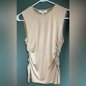 Tibi Micro Jersey Shirred Crewneck Top, Nude, S